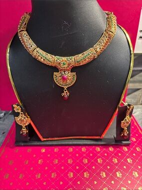 Gold-Tone Multicolor Kundan Necklace Set with Ruby Drops - Women Jewelry